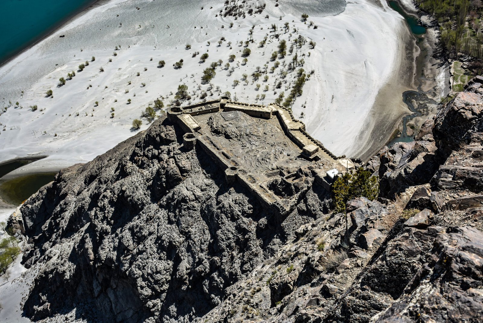 Aerial view of Kharpocho Fort (Skardu Fort) overlooking the Indus River