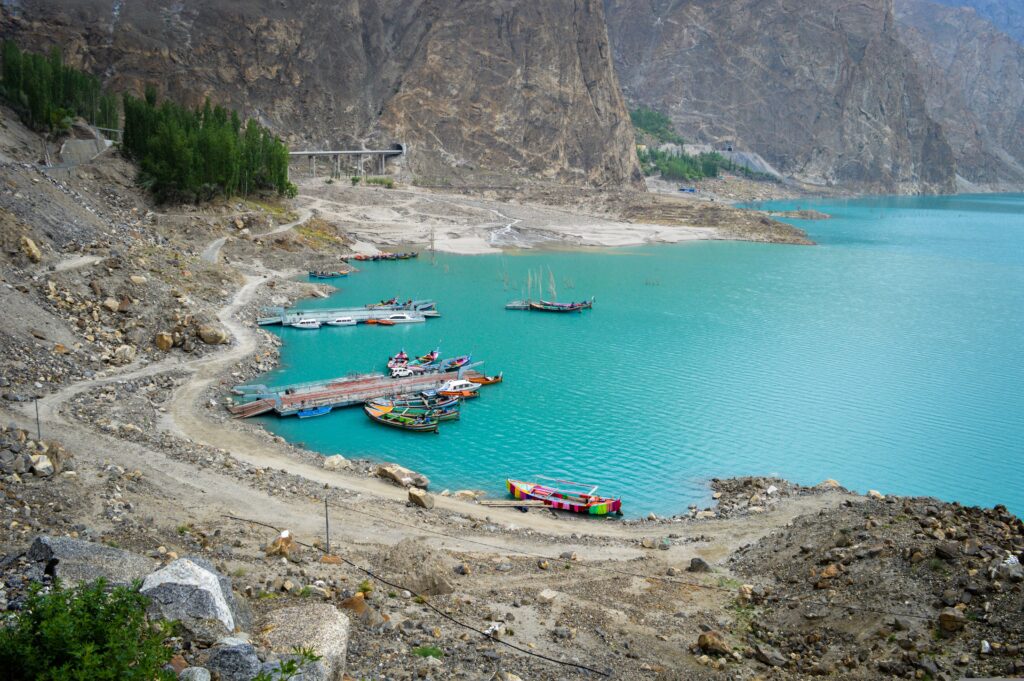 Turquoise Attabad Lake Hunza Valley Pakistan with mountains reflection