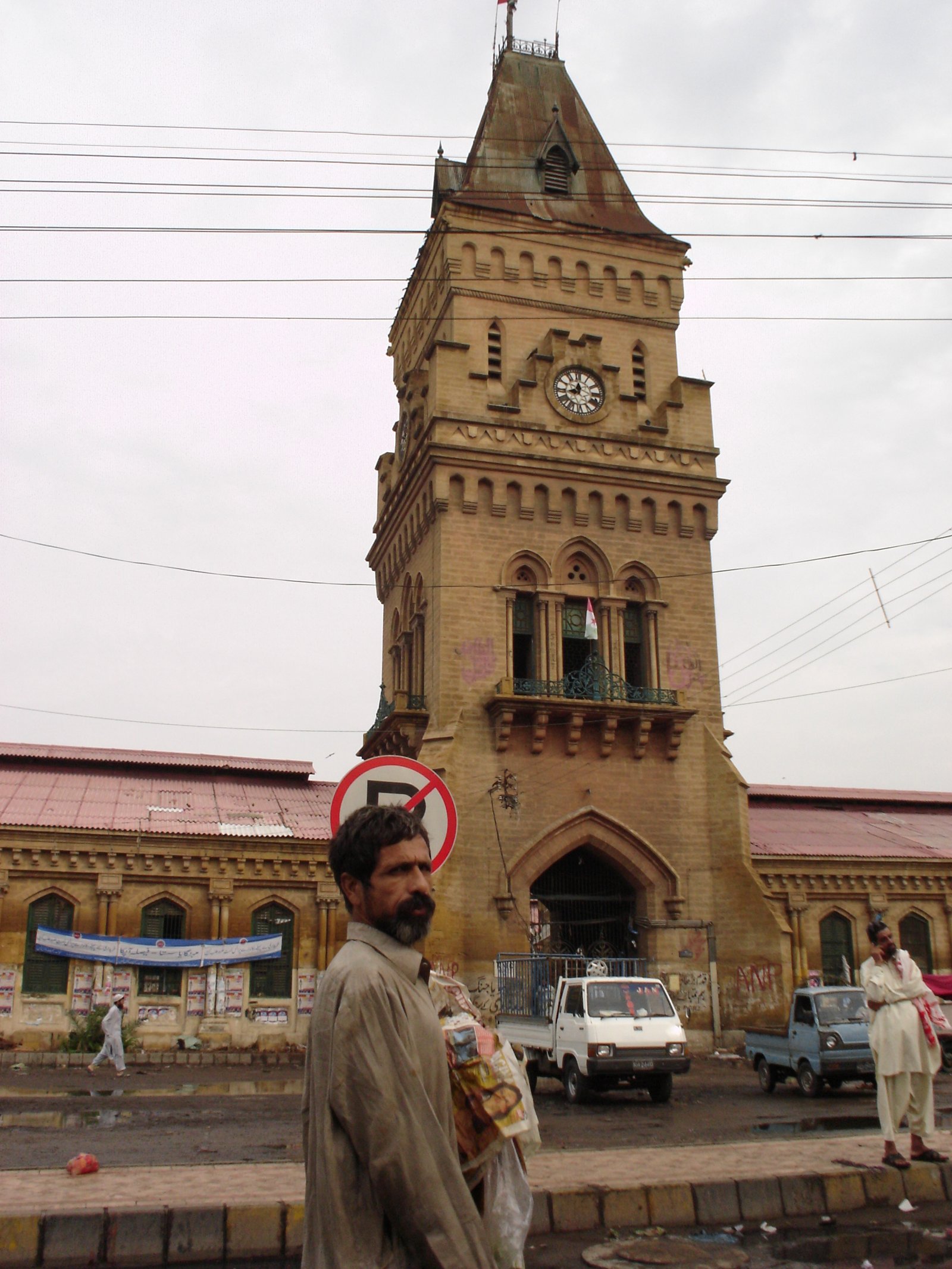 Empress Market colonial-era clock tower and market building in Karachi