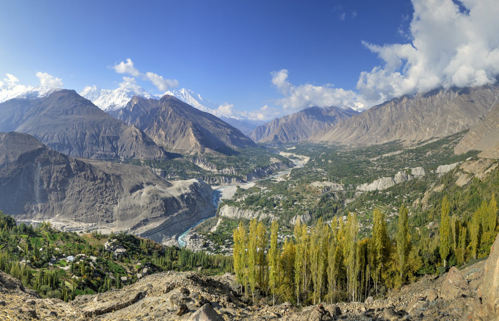 Aerial view of Hunza Valley from Eagle's Nest viewpoint, with Rakaposhi peak in the background, Pakistan
