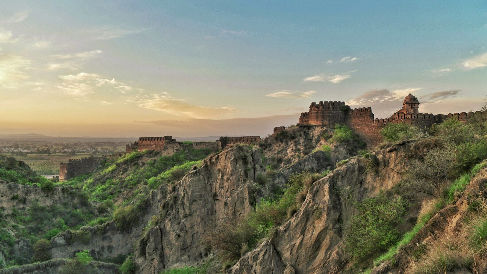 Aerial view of Rohtas Fort's defensive walls near Jhelum, Punjab, Pakistan, a UNESCO World Heritage Site